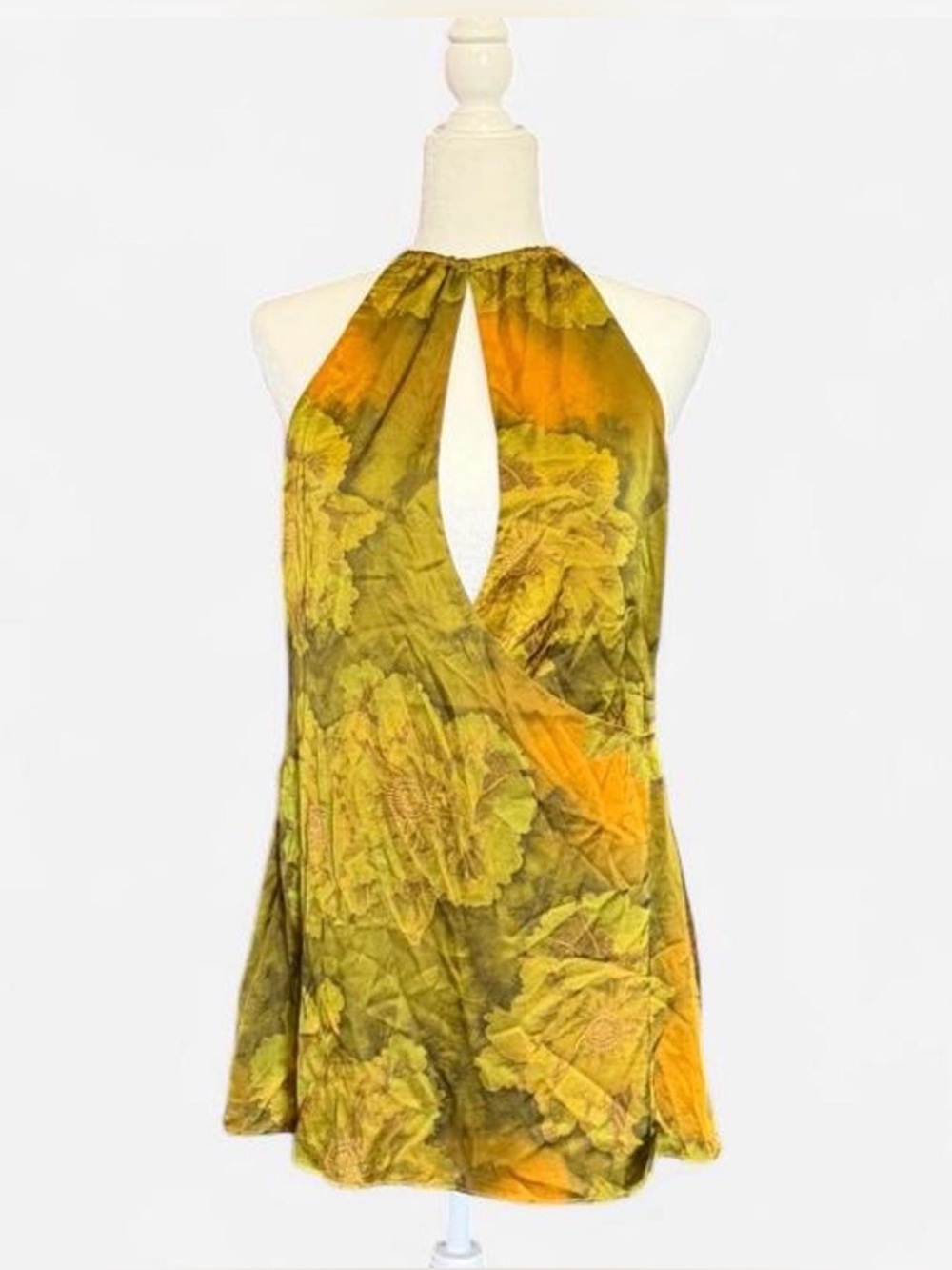 NWT Tiger Mist Halter Keyhole Floral Mini Dress in Olive Green and Yellow